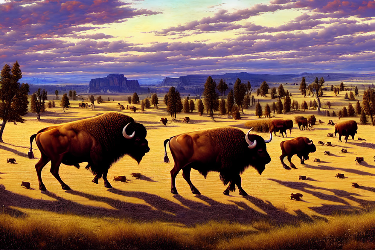 Herd of Bison Grazing in Vast Plain at Sunrise or Sunset