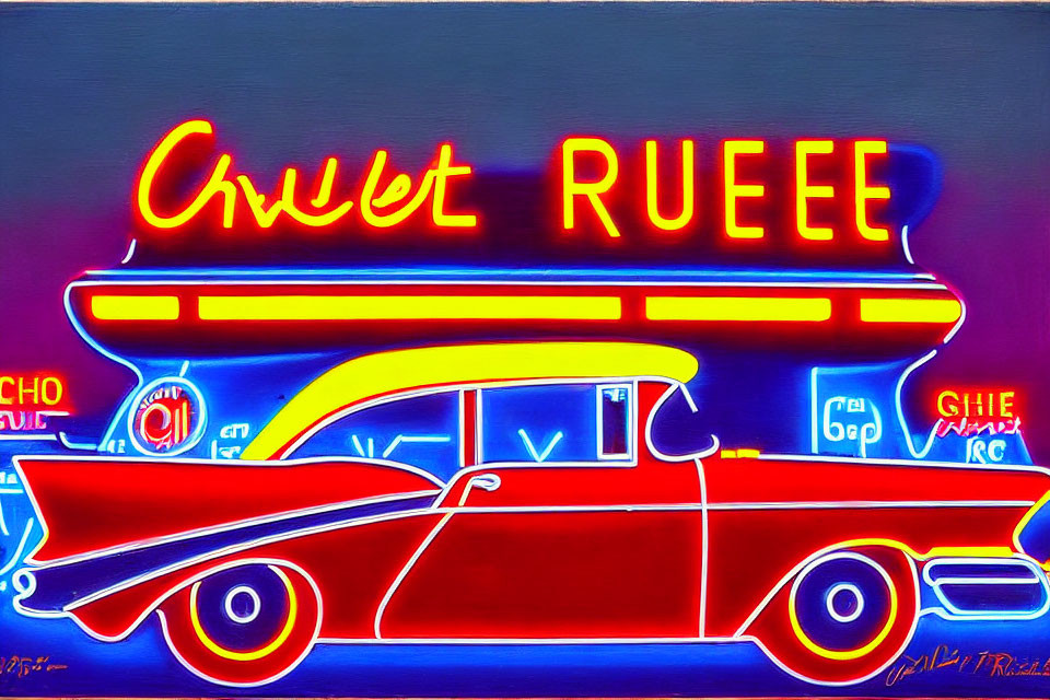 Neon-style painting of classic car with vintage Americana signage.