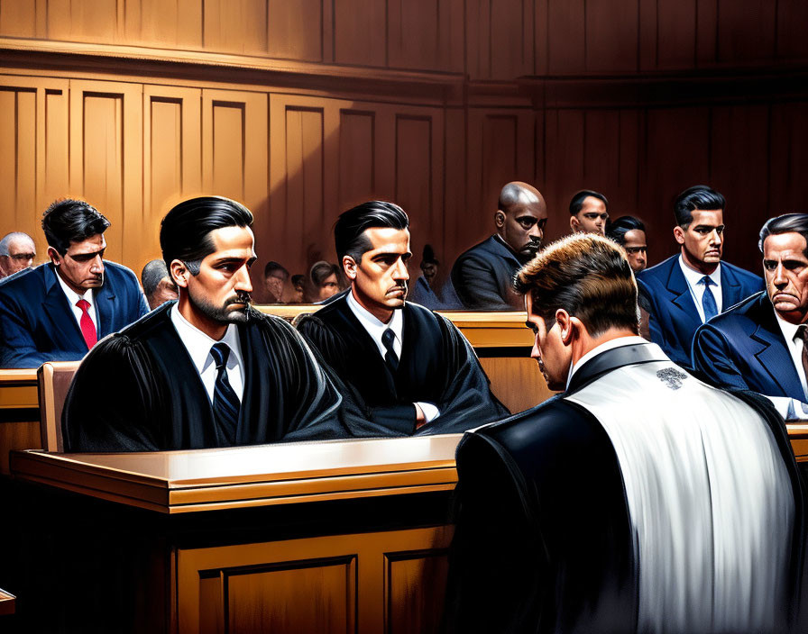 Courtroom Scene Illustration: Judge, Lawyers, and Spectators in Formal Attire