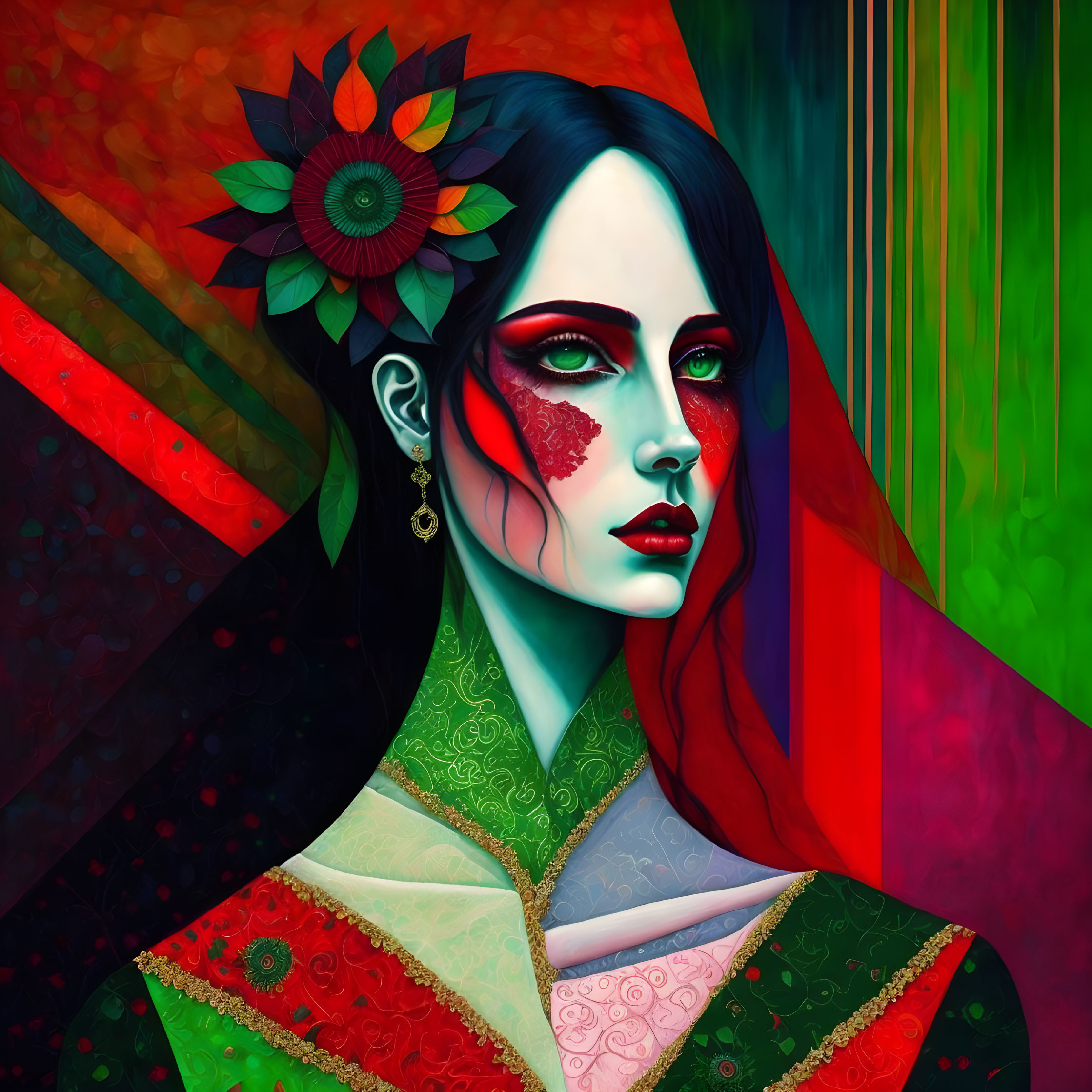 Colorful digital art portrait of a woman with red eye makeup and geometric floral background