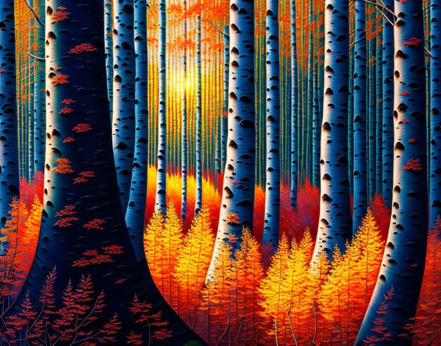 Colorful Stylized Forest with Blue Tree Trunks and Fiery Orange Foliage