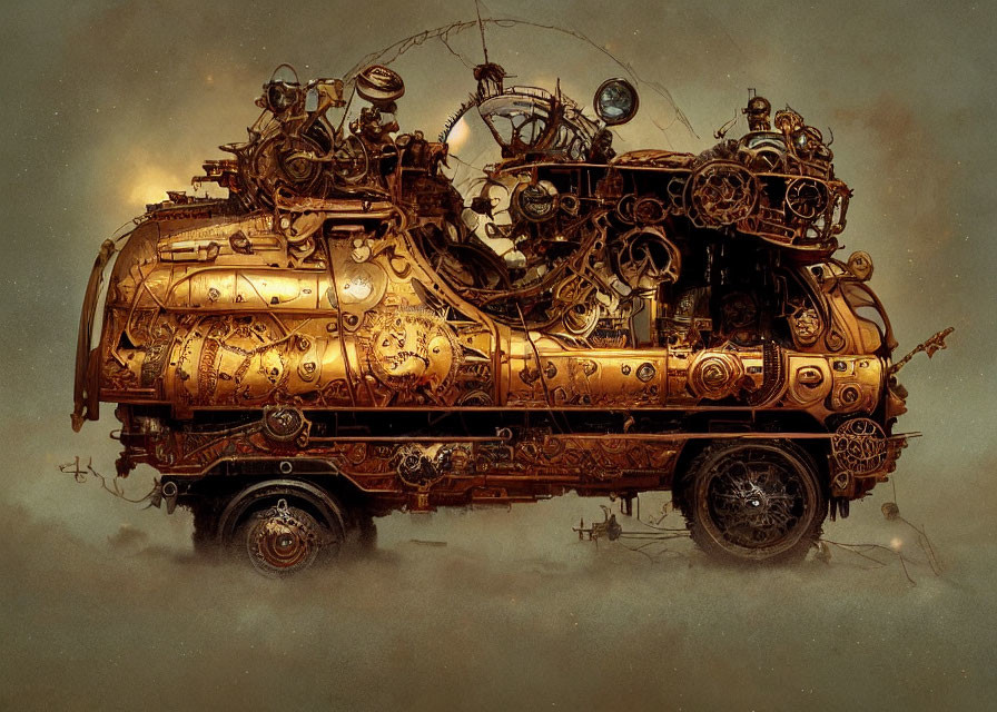 Intricately designed steampunk vehicle with gears on sepia background