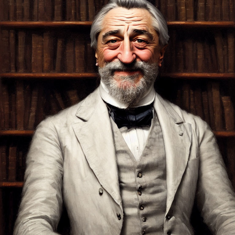 Elderly gentleman in bow tie and vest against bookshelves