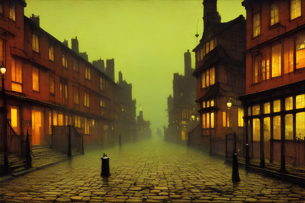 Twilight cobblestone street with old buildings and glowing streetlamps