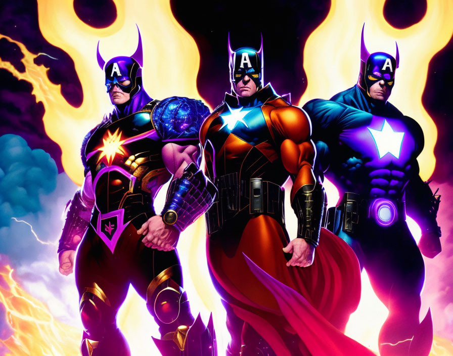 Stylized superheroes in cosmic and fiery costumes