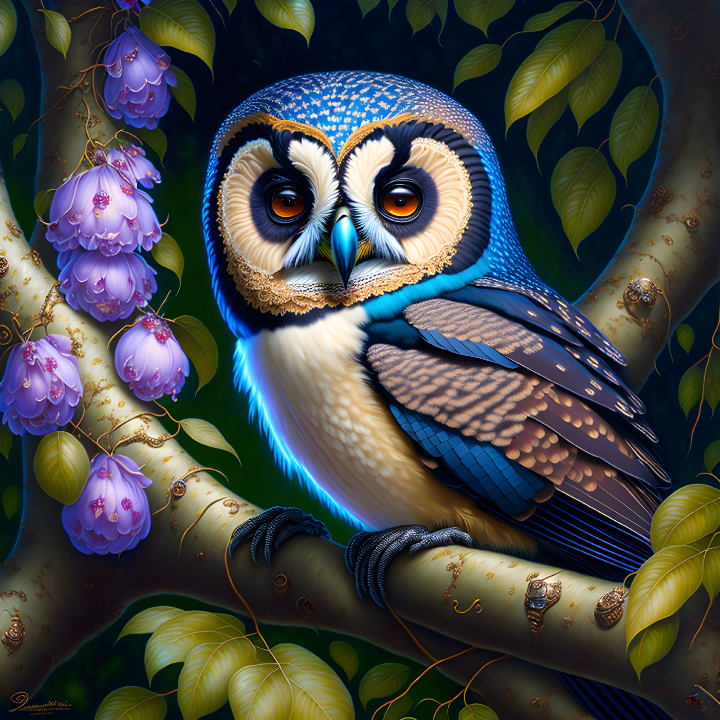 Colorful Stylized Owl Illustration Perched on Branch