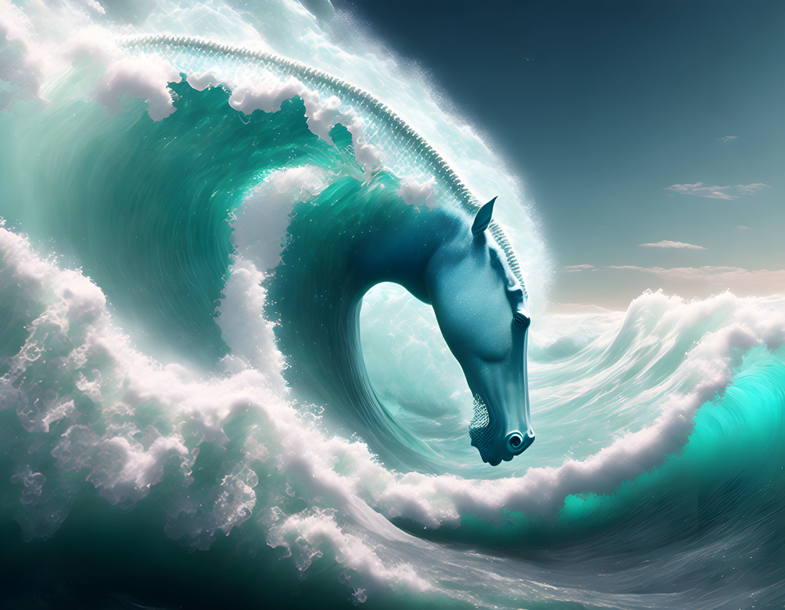 Surreal horse head in ocean wave fusion