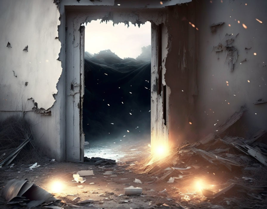 Sunlit post-apocalyptic landscape through battered doorway