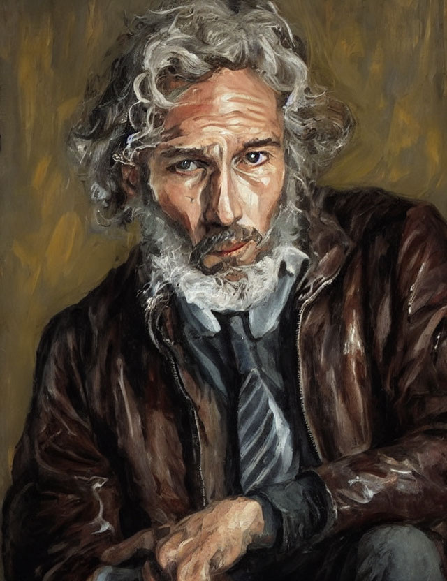 Portrait of older man with grey hair and beard in brown jacket and blue shirt