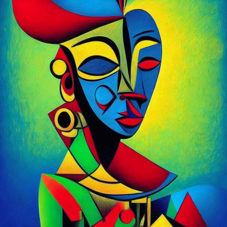 Vibrant cubist human face in bold, colorful abstract art