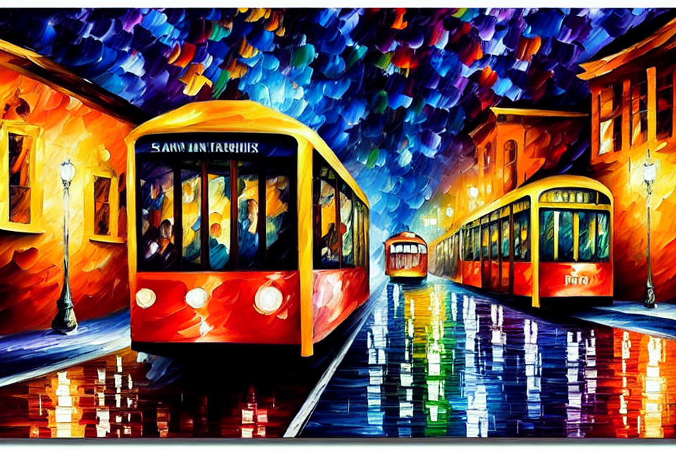 Colorful painting of red streetcars on wet streets at night with illuminated buildings