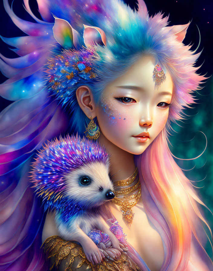 Vibrant illustration: Woman with blue and pink hair holding matching hedgehog under starry sky