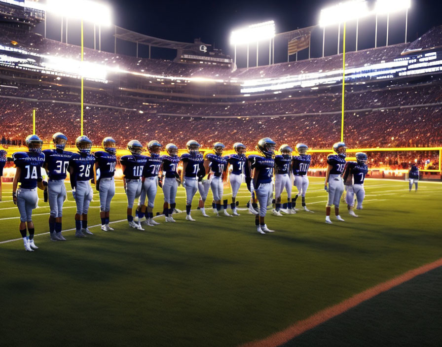 Football team under stadium lights with crowd in background