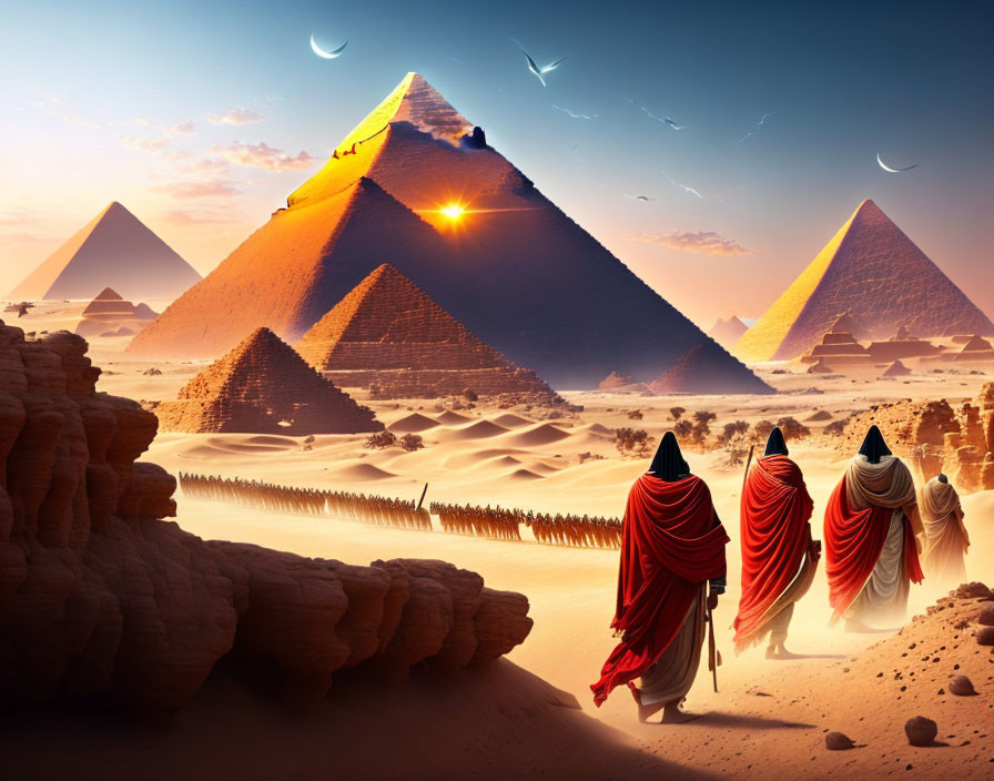 Three figures in red cloaks near ancient pyramids at sunset with shooting stars