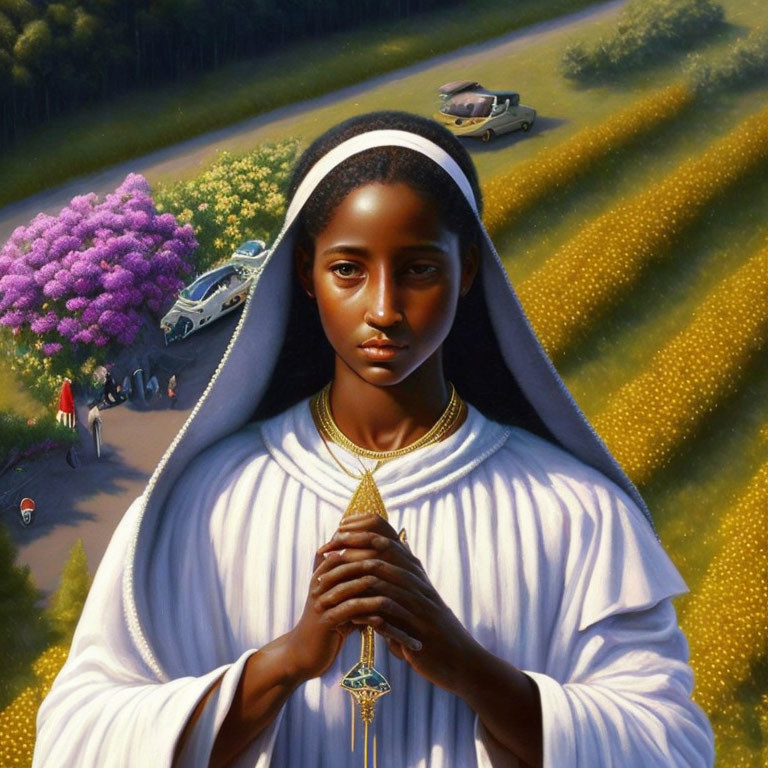 Serene woman in white habit holding golden object in rural landscape