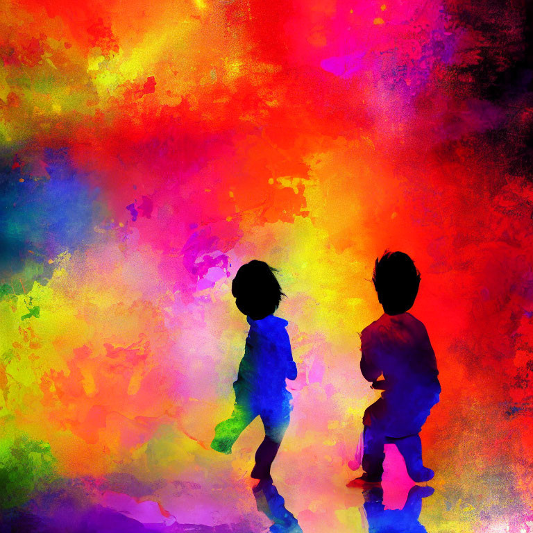 Vibrant watercolor background with children's silhouettes