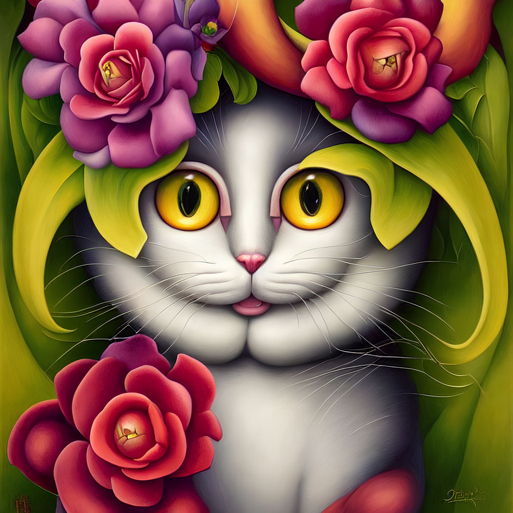 Stylized cat illustration with yellow eyes and floral adornments