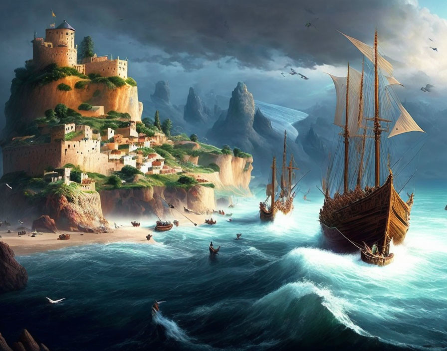 Seascape with castle, village, and ships on rocky cliff