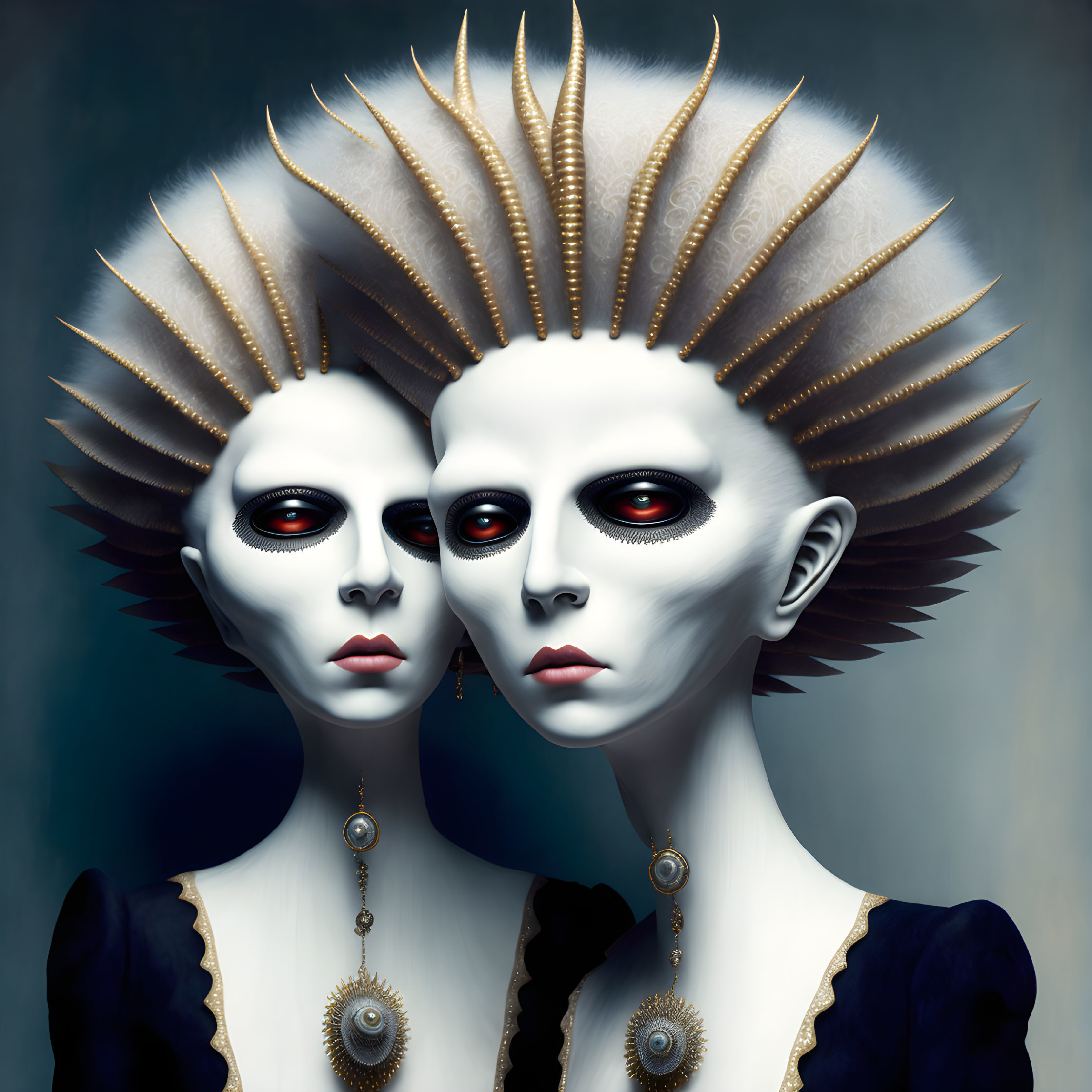 Surreal pale-faced figures with spike-crowned heads and red eyes in dark ornate attire