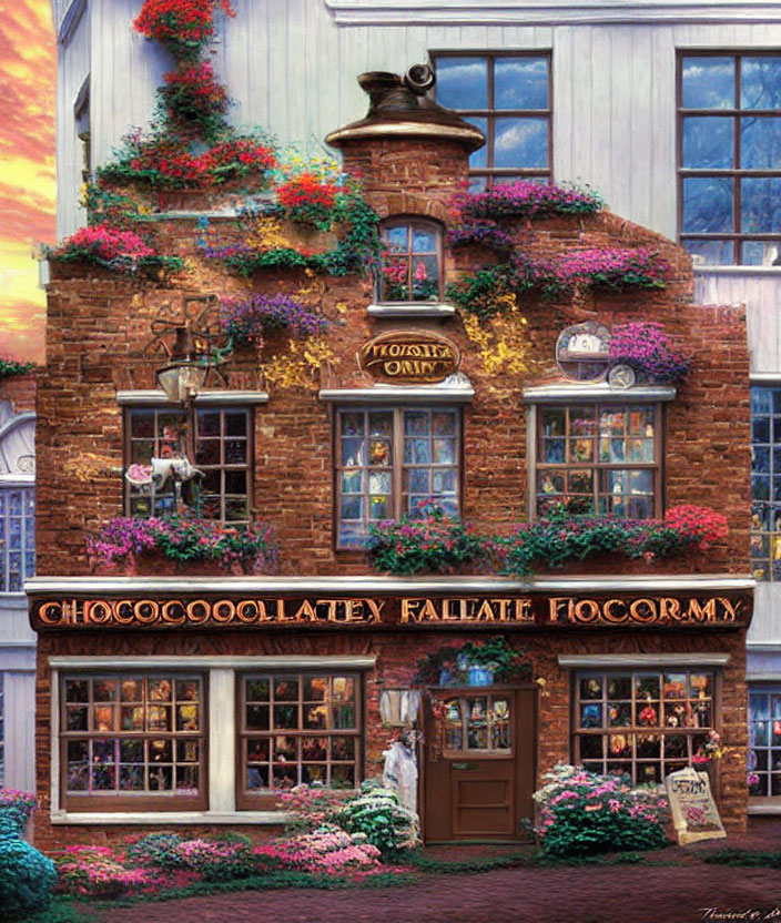 Charming chocolate shop with vibrant flowers on brick building