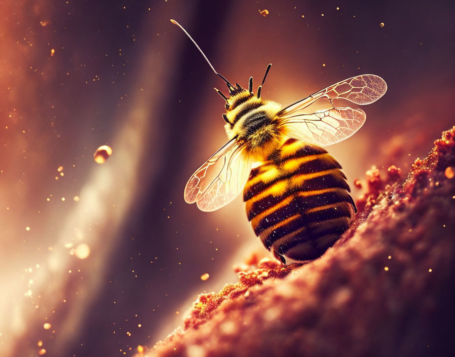 Close-up of bee with translucent wings on textured surface in warm light