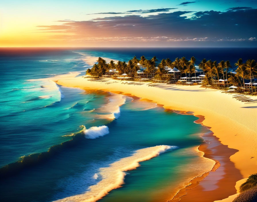 Tranquil tropical beach at sunset with golden sands and palm trees