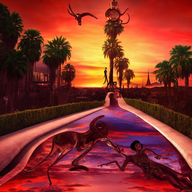 Vibrant sunset scene with palm trees, person, bird, and fantastical creatures