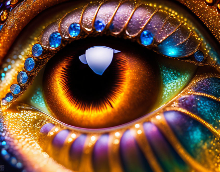 Colorful and detailed artificial eye with iridescent features