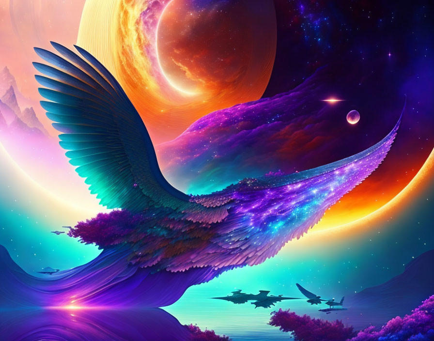 Giant bird with cosmic wings over vibrant alien landscape