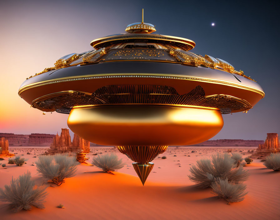 Golden futuristic spaceship above desert landscape at sunset