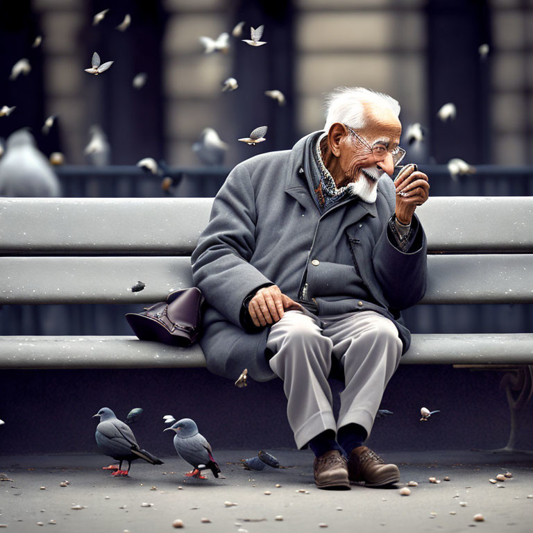 Elderly man with white beard sips coffee on park bench with pigeons