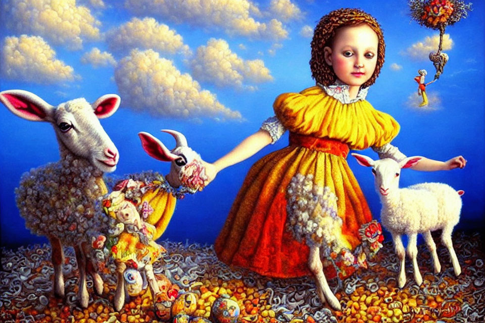 Surrealist painting featuring young girl, lambs, flowers, and floating figures