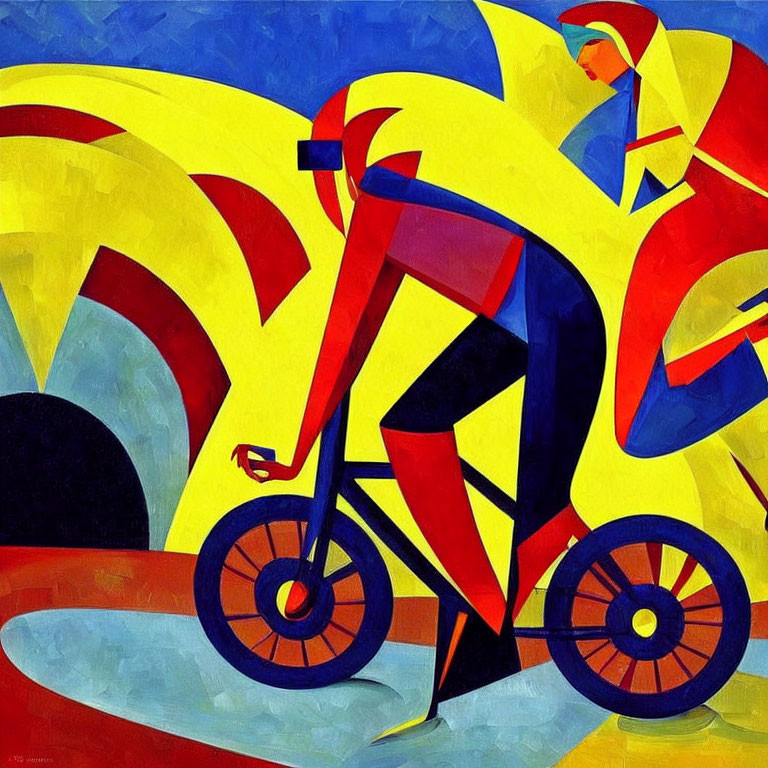 Vibrant Cubist Painting of Figure on Bicycle in Red, Yellow, and Blue