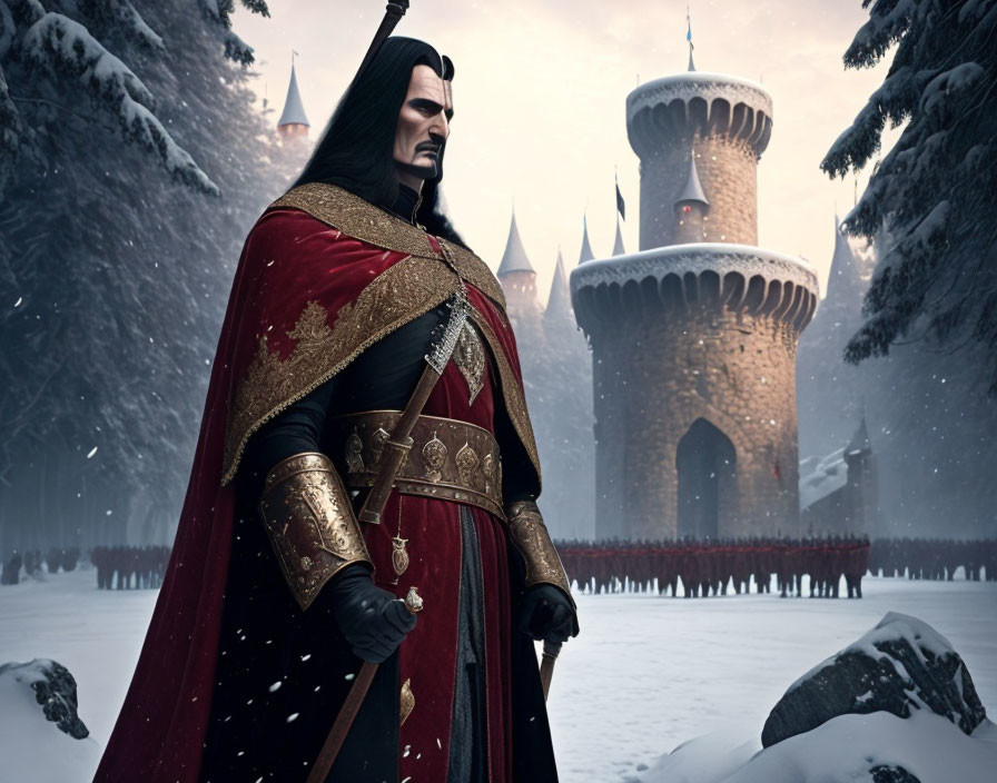 Regal figure in red cloak and armor before snowy castle