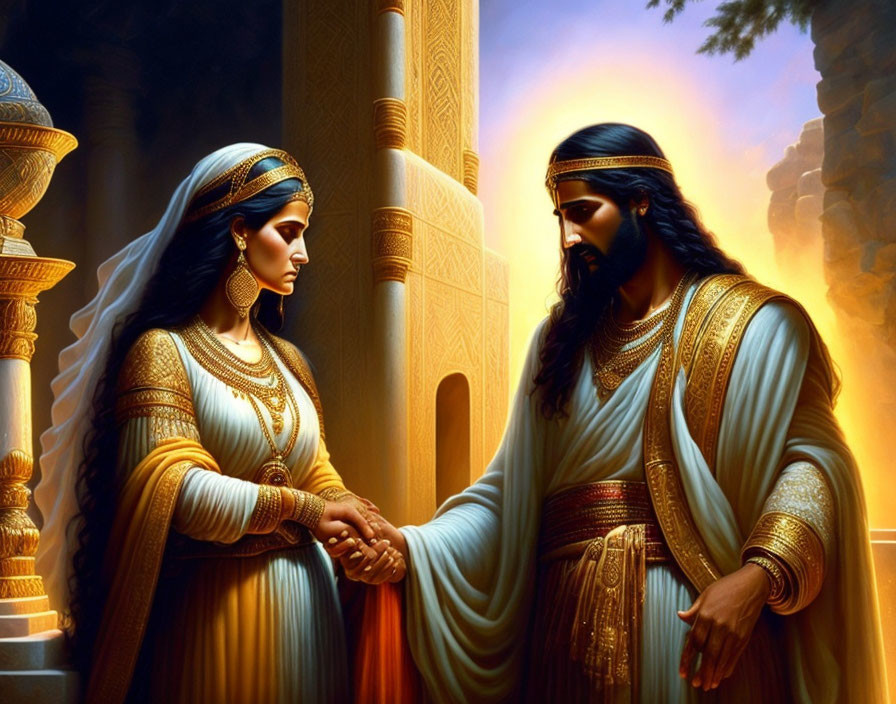 Regal man and woman in Middle Eastern attire with glowing halo in front of ancient palace.