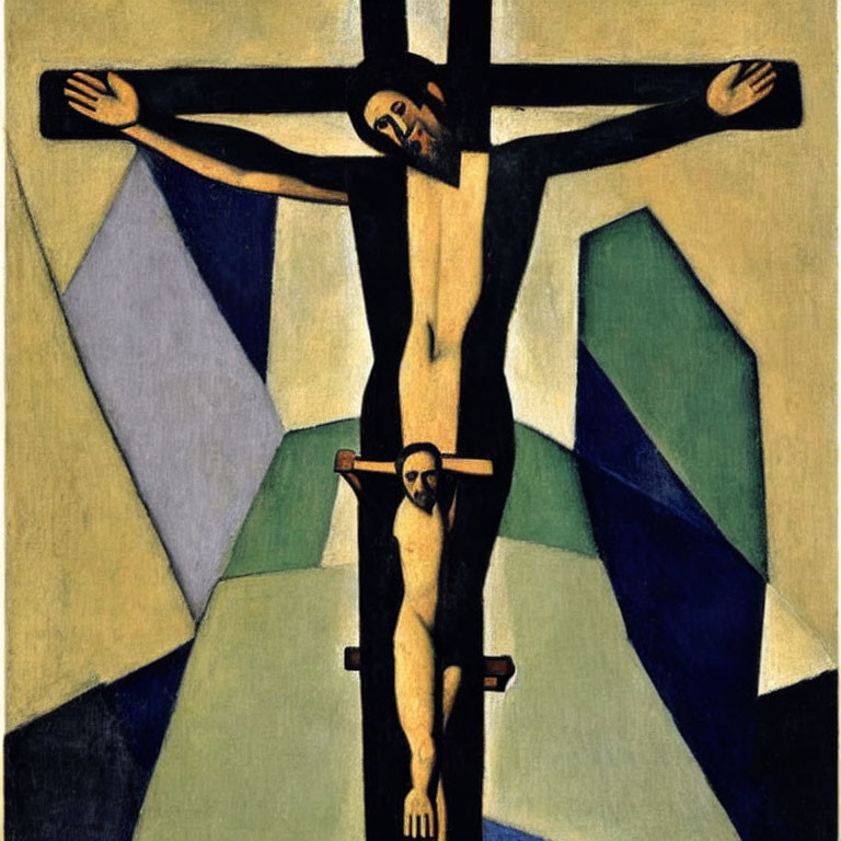 Cubist-style painting of Jesus on the cross with abstract shapes