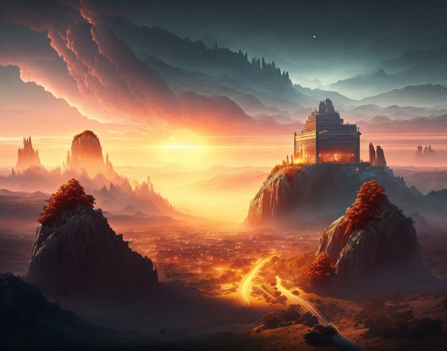 Fantastical landscape with castle on mountain cliff under dramatic sunset sky