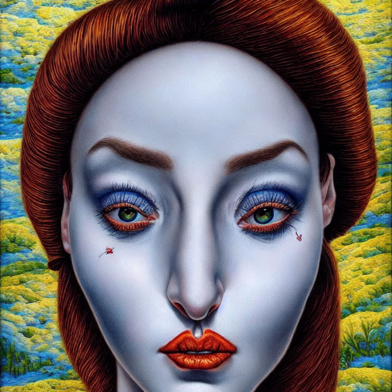 Exaggerated blue eyes and red hair in surreal portrait