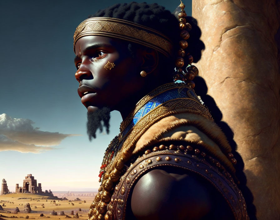 African-themed portrait featuring regal figure and vast plains