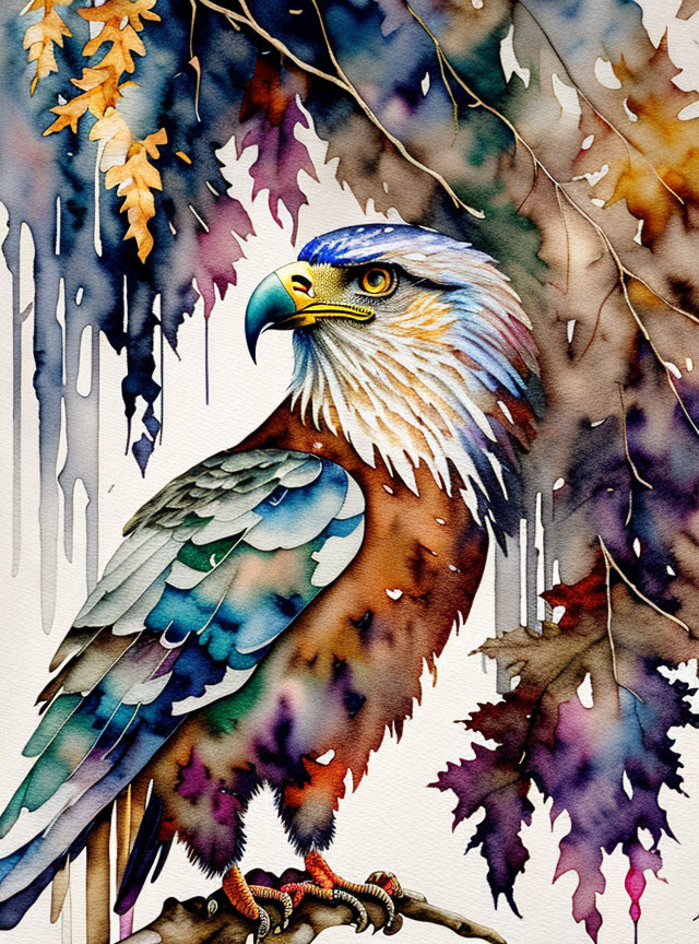 Detailed watercolor painting of an eagle perched with brown and gray feathers, set against colorful dripping foliage