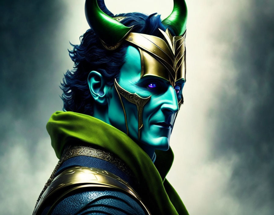 Blue-skinned male figure in golden helmet with green horns, cloaked in green.