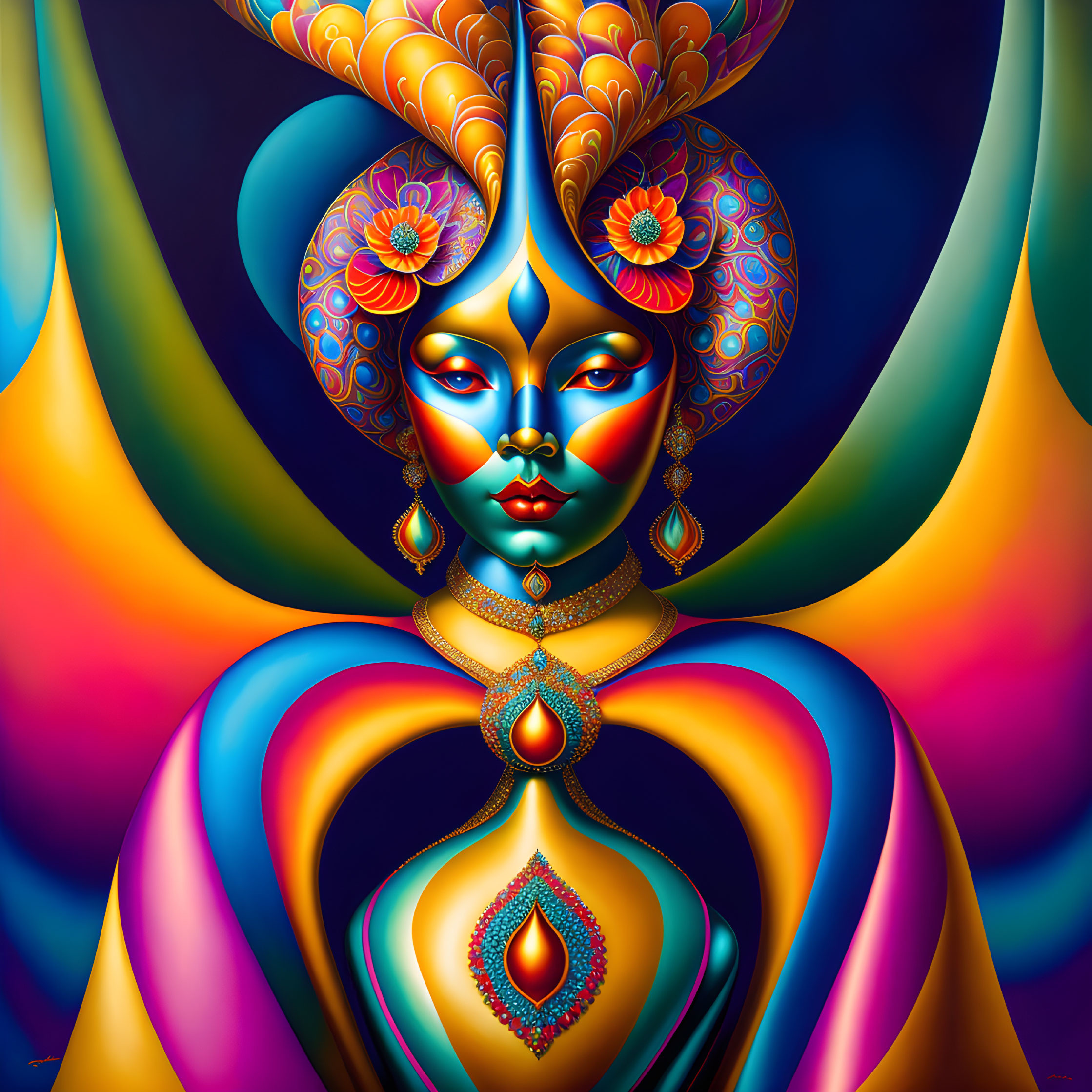 Vibrant digital artwork of stylized woman with blue skin and ornate headgear