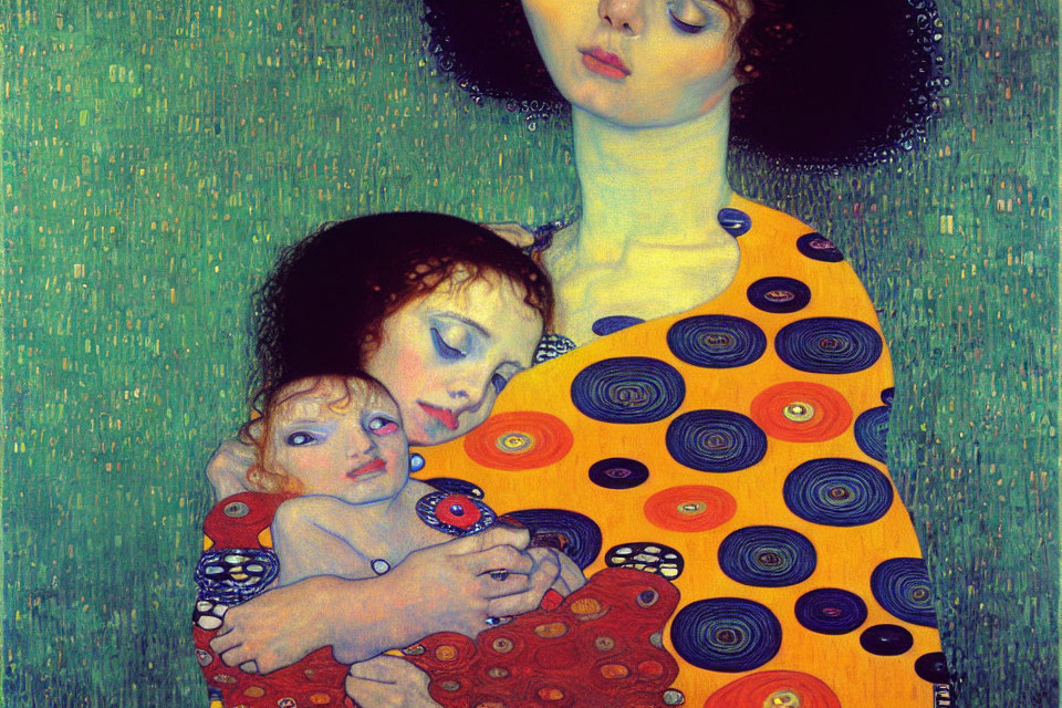 Woman in Patterned Dress Holding Two Children Against Green Backdrop