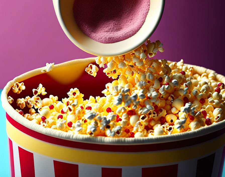 Popcorn spilling from red-and-white tub on purple background