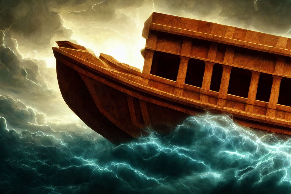 Wooden ark navigating stormy blue waves under lightning-filled sky