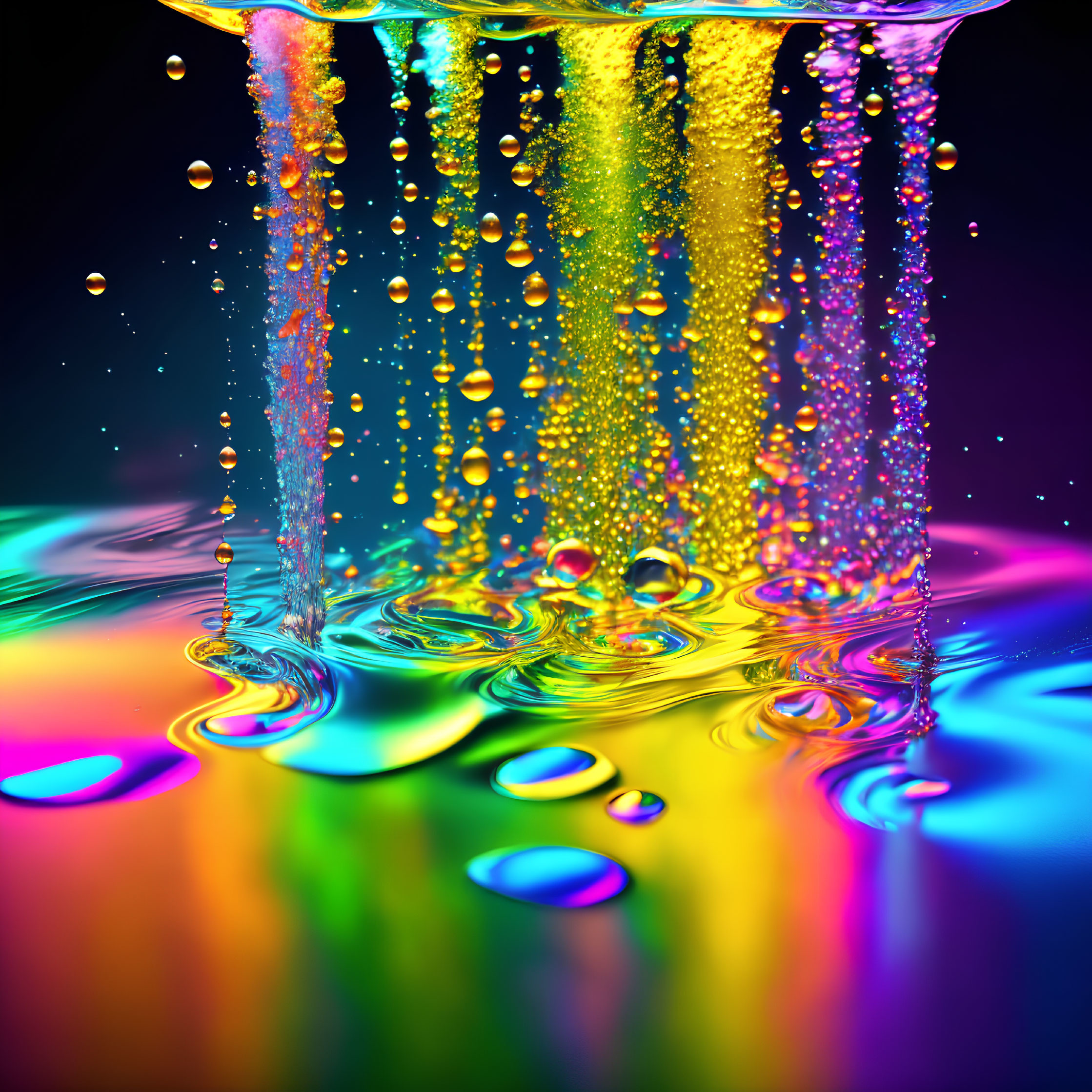 Colorful liquid streams and droplets creating ripples in reflective surface