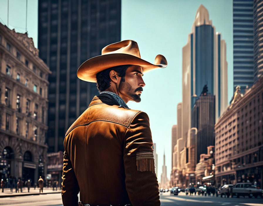 Cowboy man in urban setting glances back at cityscape.