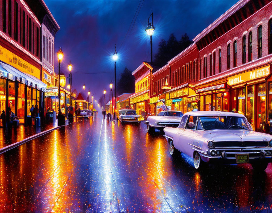 Colorful Neon Lights Reflecting on Wet Pavement in Night Street Scene