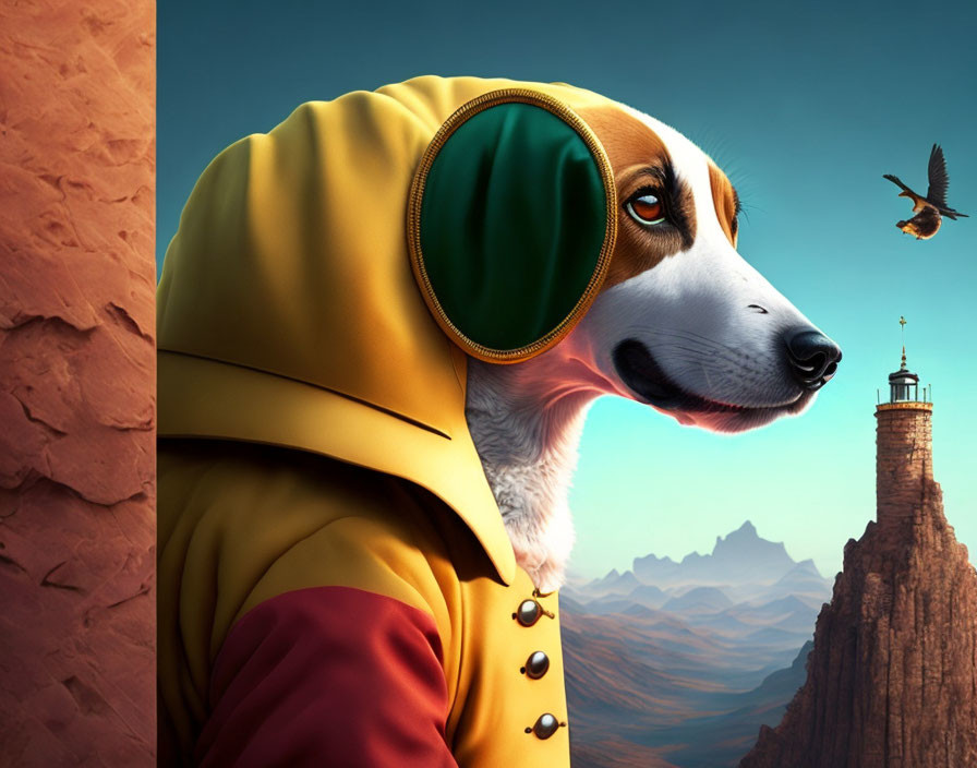 Stylized dog in yellow outfit against fantasy landscape