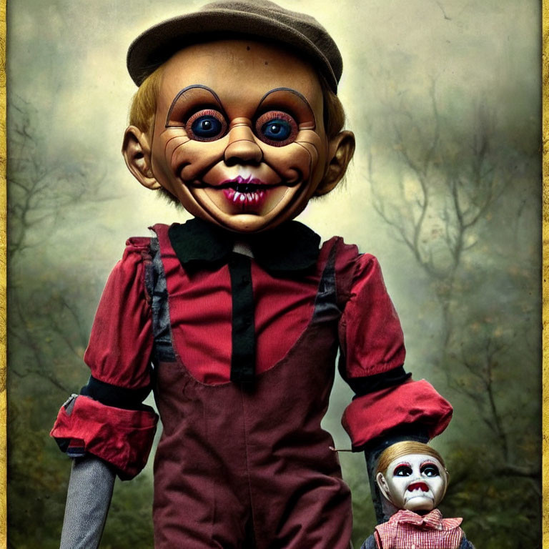 Surreal image of large ventriloquist doll with smaller doll in forest